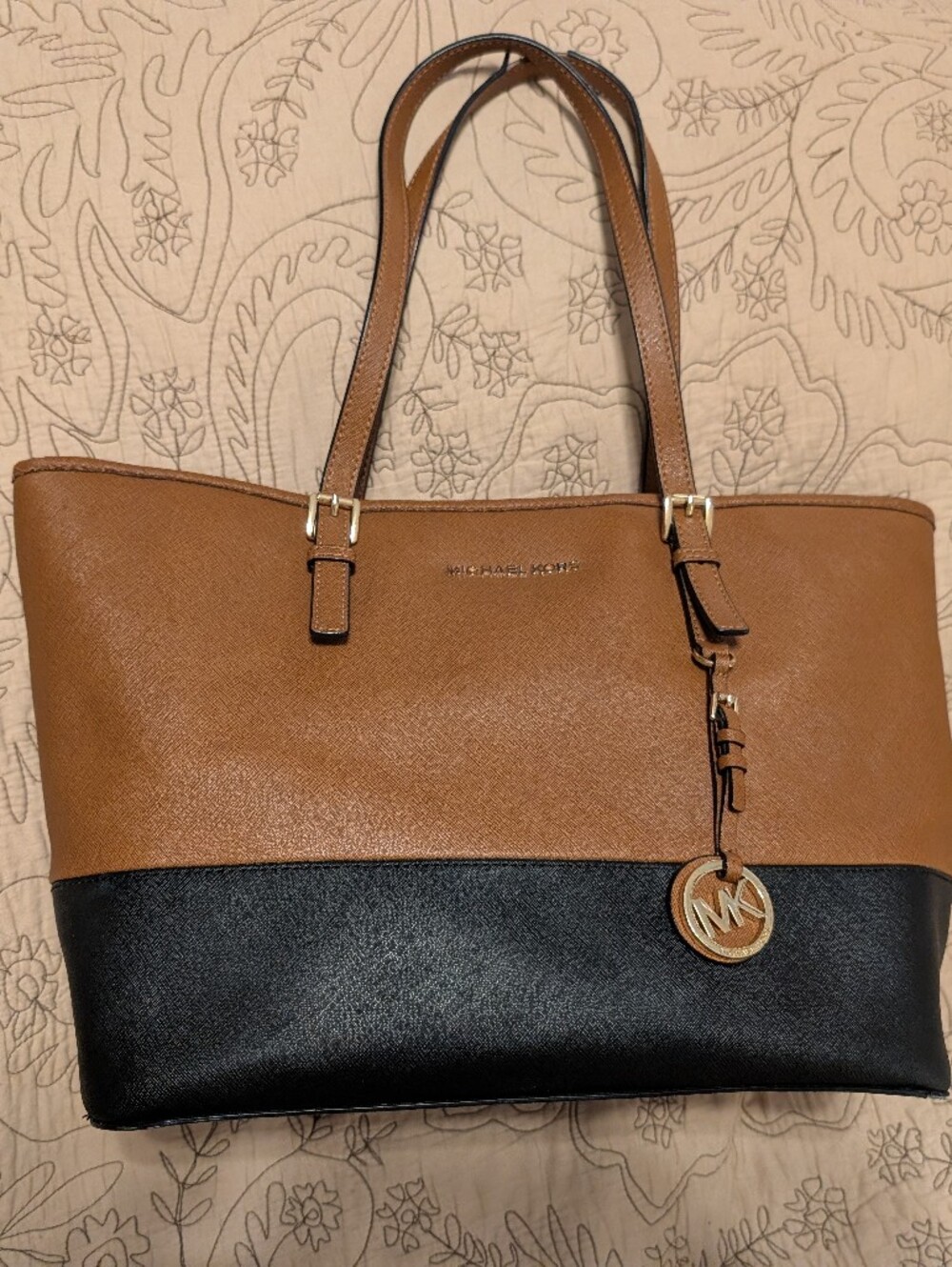 Michael Kors Brown and Black Saffiano Leather Tote with MK Charm